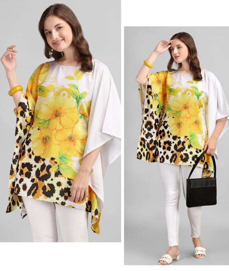 Rayon Yellow Floral Printed Kaftan Tunic tops for Ladies
