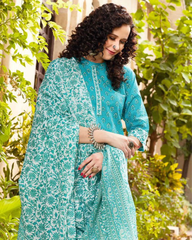 Readymade Blue Cotton Kurti Pant Set with Dupatta