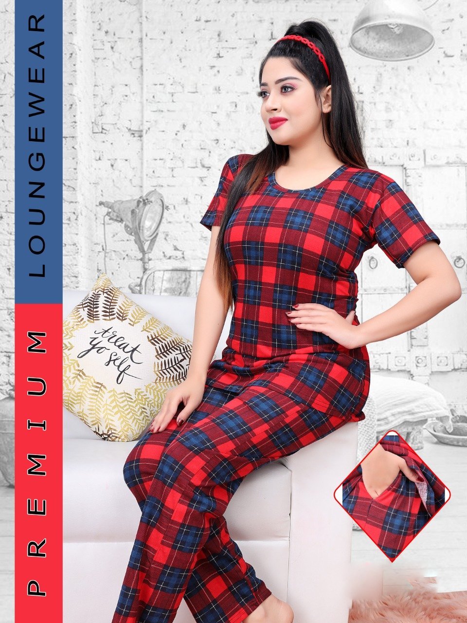 Red Checked Night suit for ladies with long Top and Pockets - Stilento