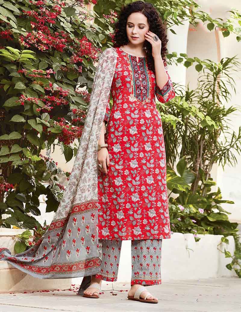 Red Cotton Kurti Pant Set with Dupatta