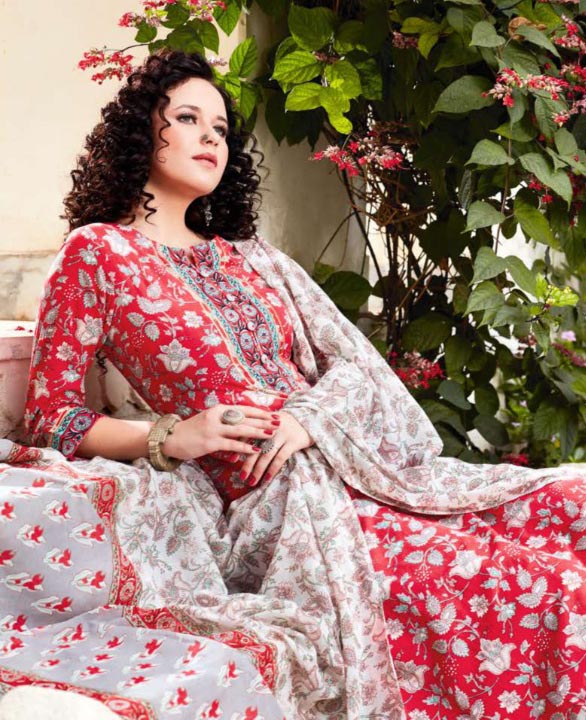 Red Cotton Kurti Pant Set with Dupatta