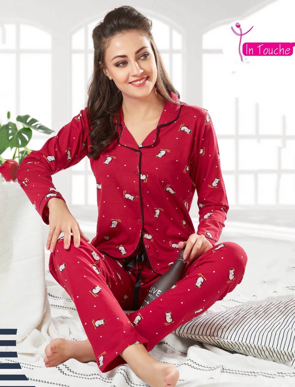 Red Full Sleeves Cotton Night suit Set for ladies - Stilento