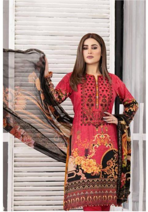 Red Jam Satin Unstitched Pakistani Cotton Suits for Women