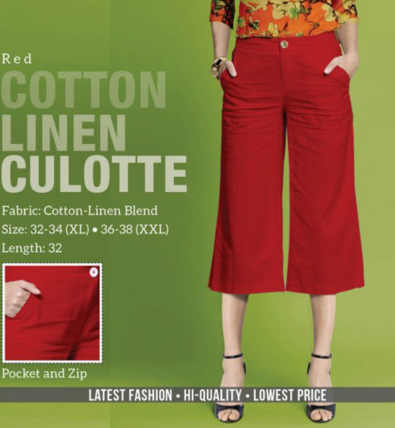 Red Linen Cotton Culottes Pants for women - Stilento