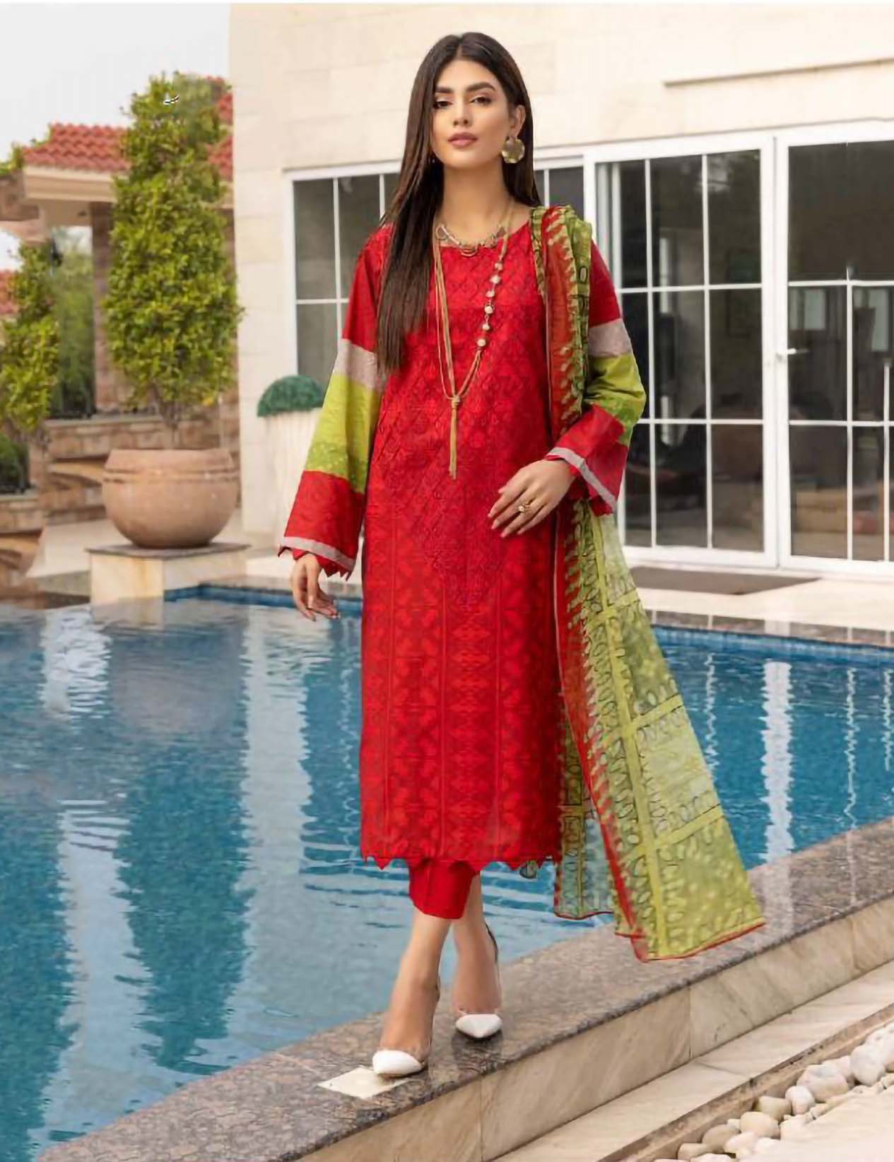 Red Pakistani Style Cotton Salwar Suits Set - Stilento