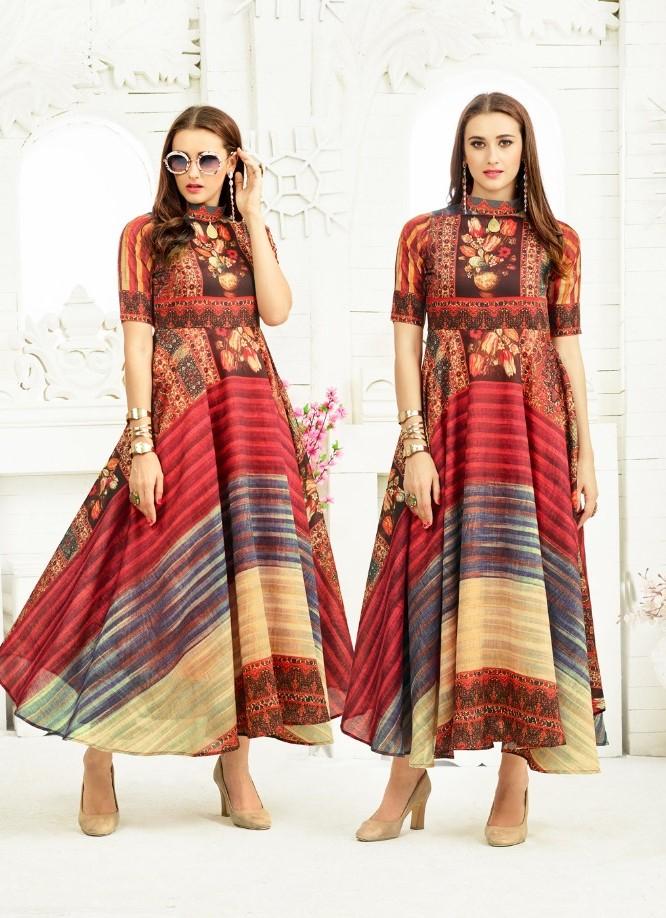Red Printed Flared Silk Anarkali Kurta for Women