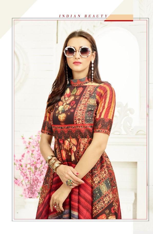 Red Printed Flared Silk Anarkali Kurta for Women
