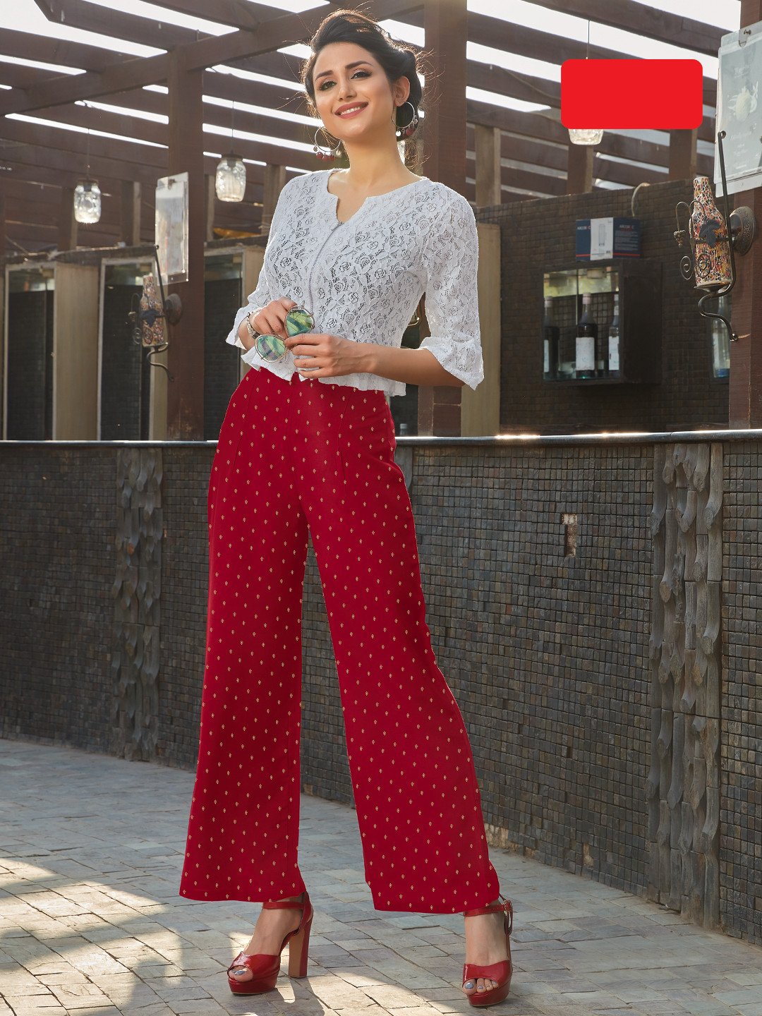 Red Rayon Jacquard Palazzo for Women