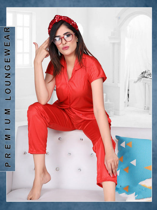 Red Satin Night Suit Wear Set for Ladies - Stilento