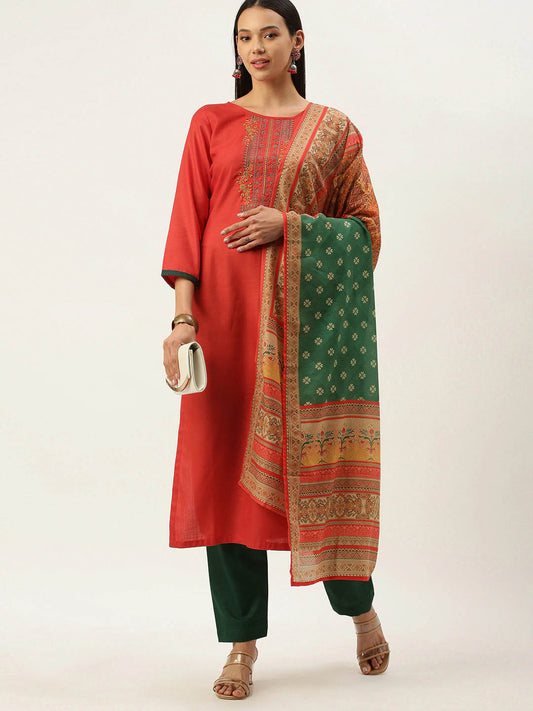 Red Unstitched Embroidered Cotton Salwar Suit Dress Material