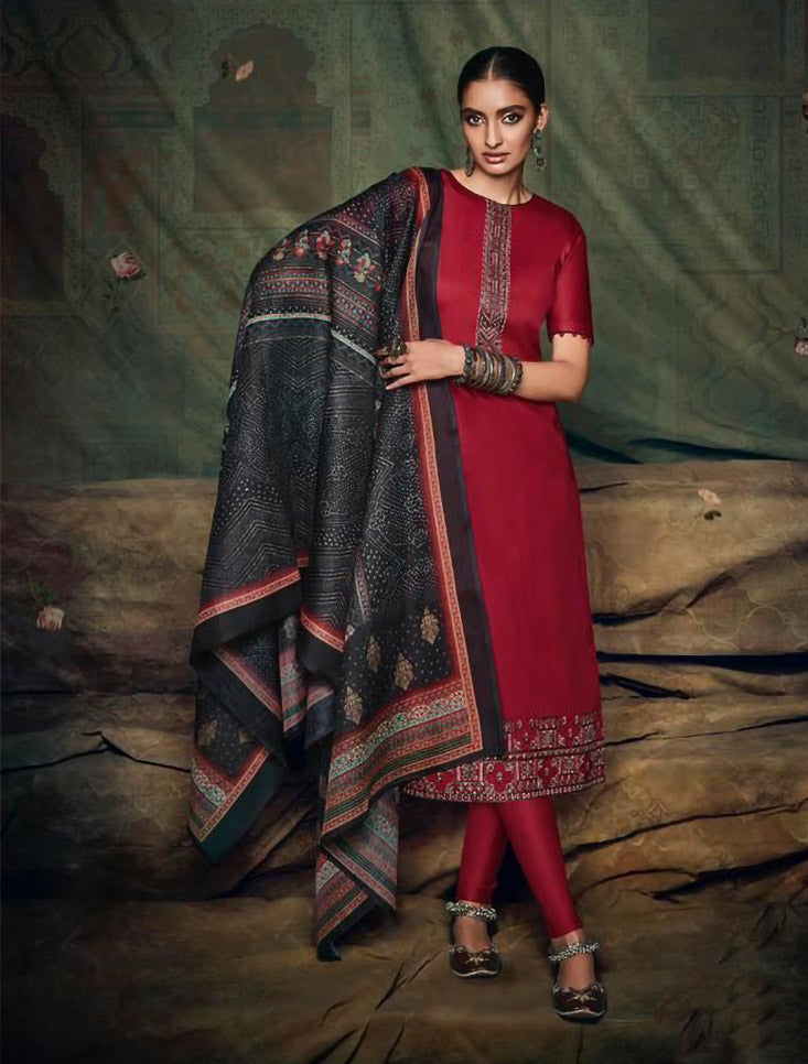 Red Unstitched Salwar Suits with Bandhani Dupatta - Stilento