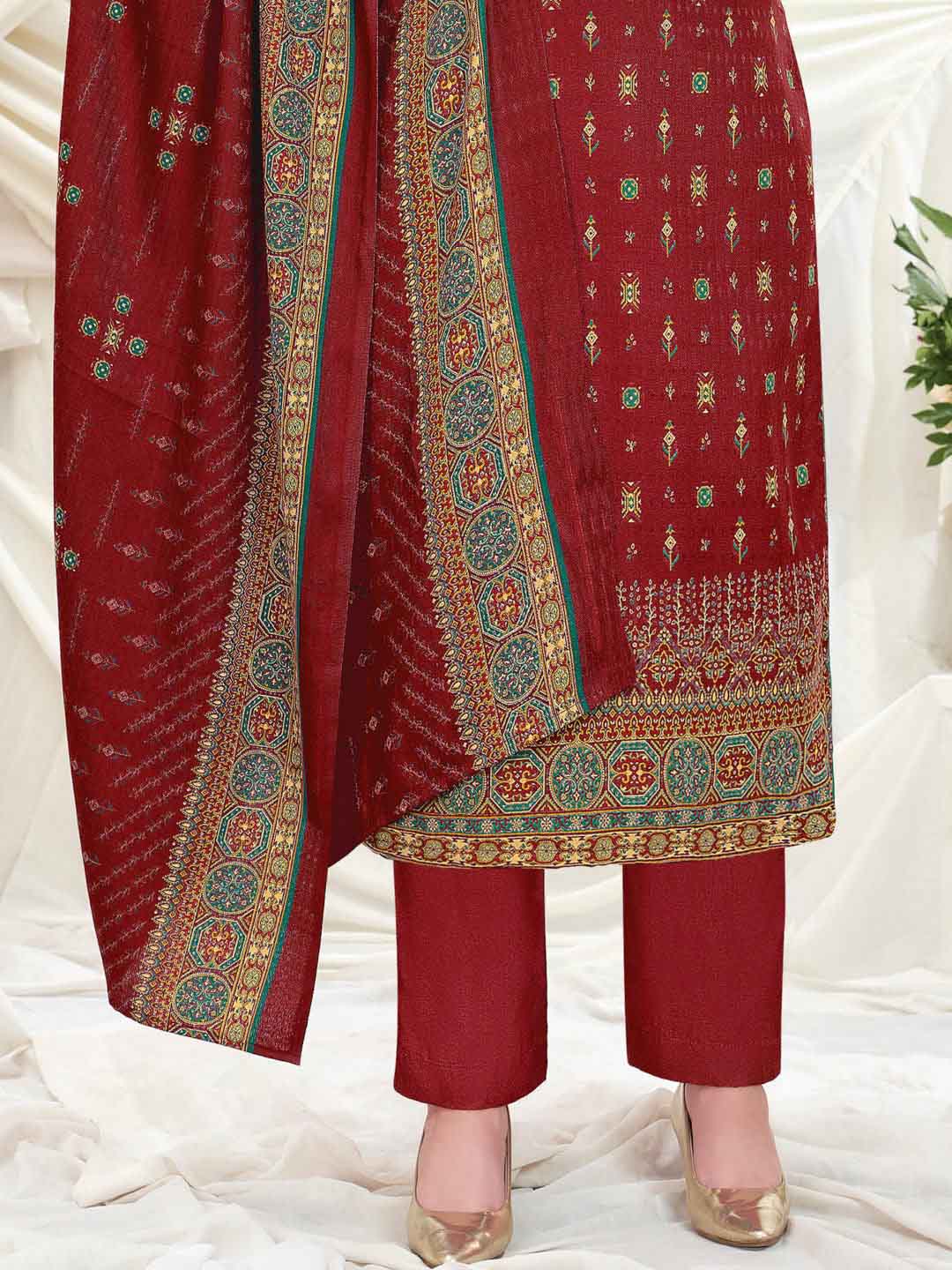 Wool Pashmina Red Printed Unstitched Suit Set - Stilento