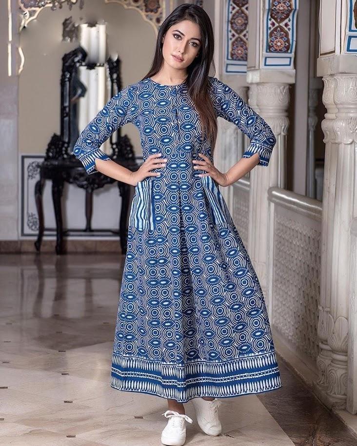 Regular Wear Blue Long Printed Women Kurtis