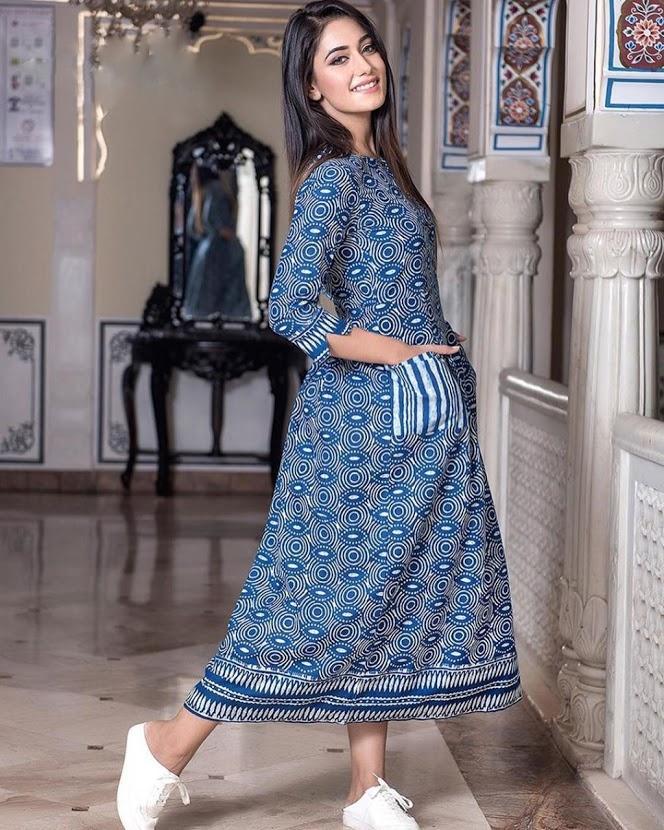 Regular Wear Blue Long Printed Women Kurtis