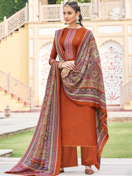 Rust Un-Stitched Faux Pashmina Suit with Dupatta