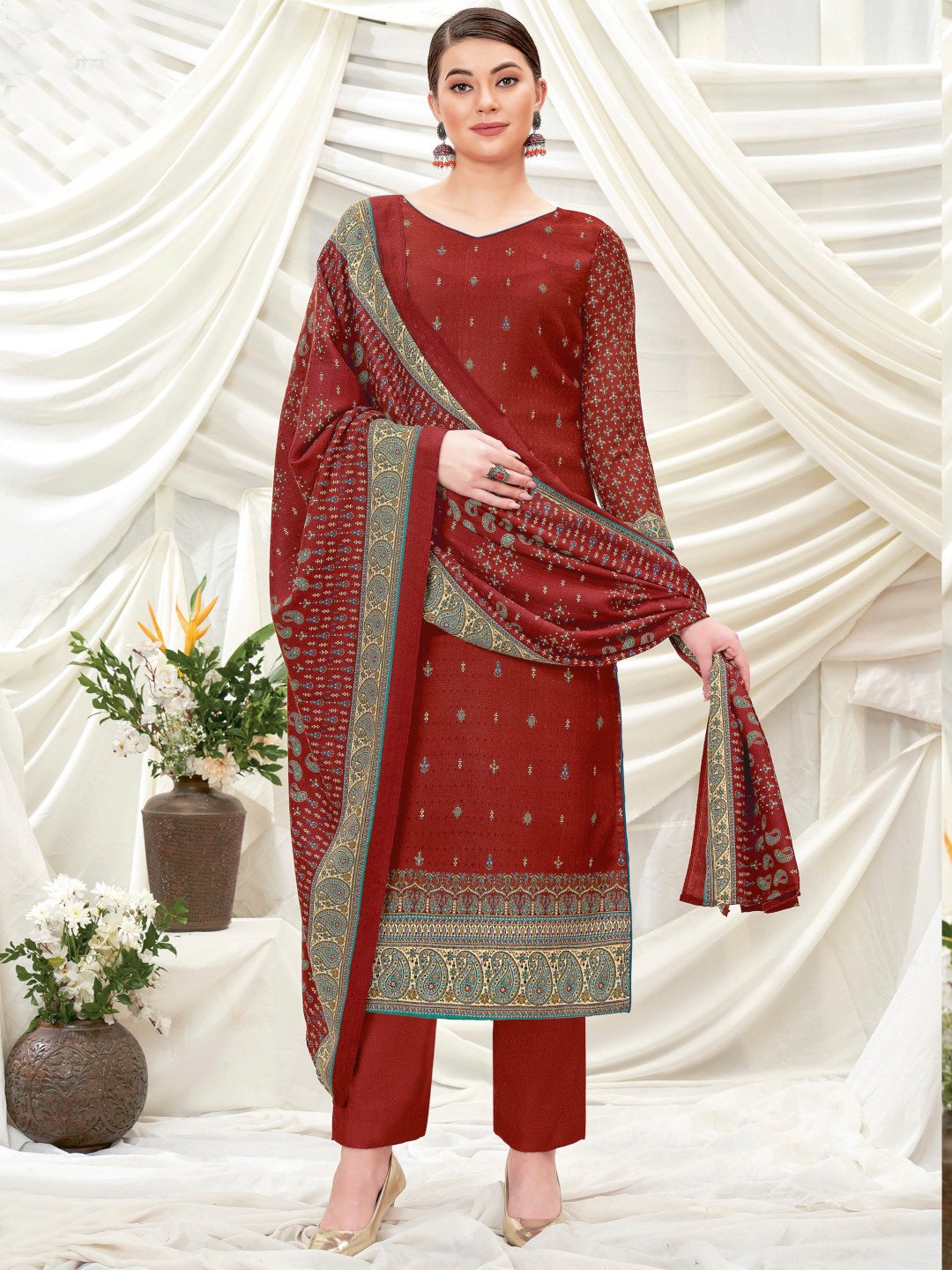 Wool Pashmina Rust Red Printed Unstitched Winter Suit Set - Stilento