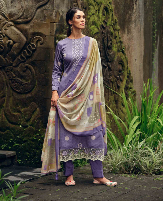 Pure Cotton Silk Mauve Unstitched Ladies Suit Material With Embroidery