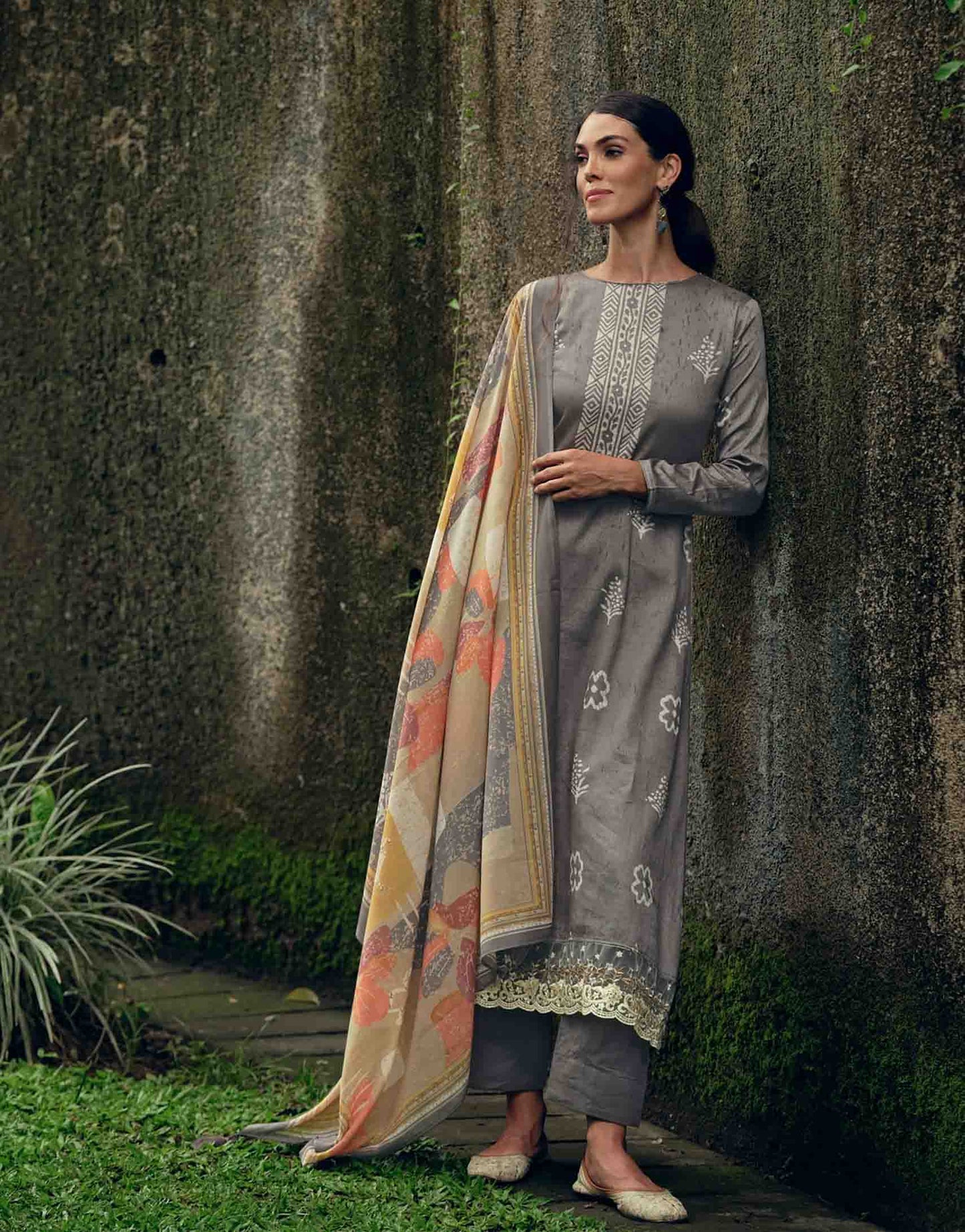 Pure Cotton Silk Grey Unstitched Ladies Suit Material With Embroidery - Stilento