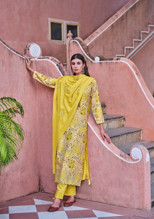 Printed Yellow Winter Unstitched Pashmina Salwar Suit - Stilento