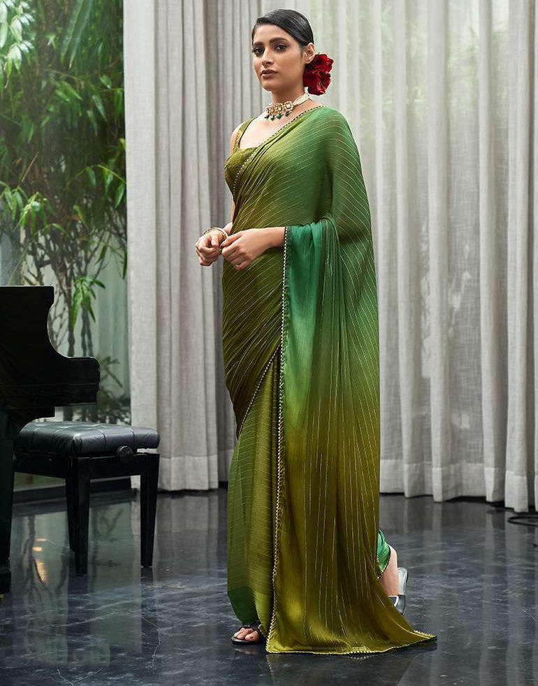 Satin Chiffon Designer Green Saree with Lace Border for Women - Stilento