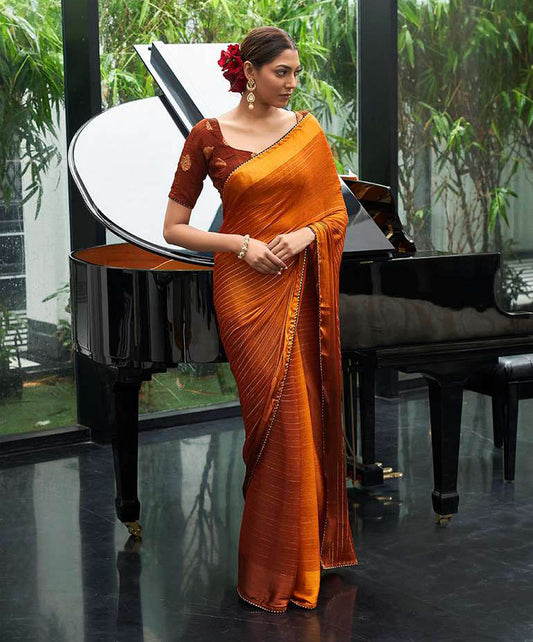 Satin Chiffon Designer Orange Saree with Lace Border for Women - Stilento