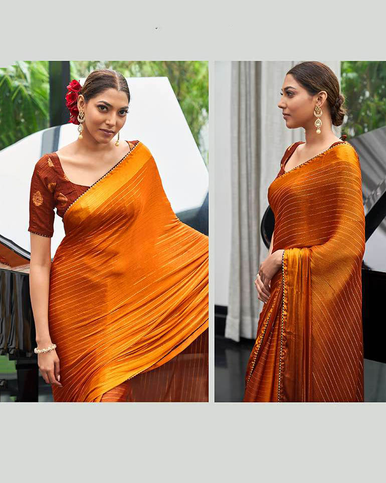 Satin Chiffon Designer Orange Saree with Lace Border for Women - Stilento