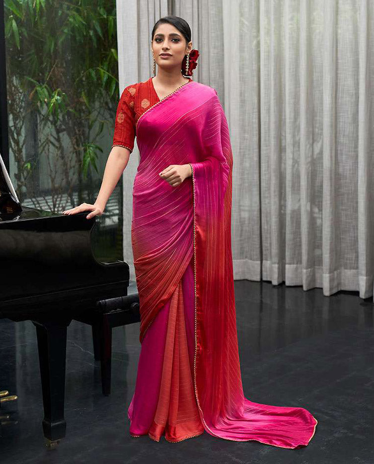 Satin Chiffon Designer Pink Saree with Lace Border for Women - Stilento