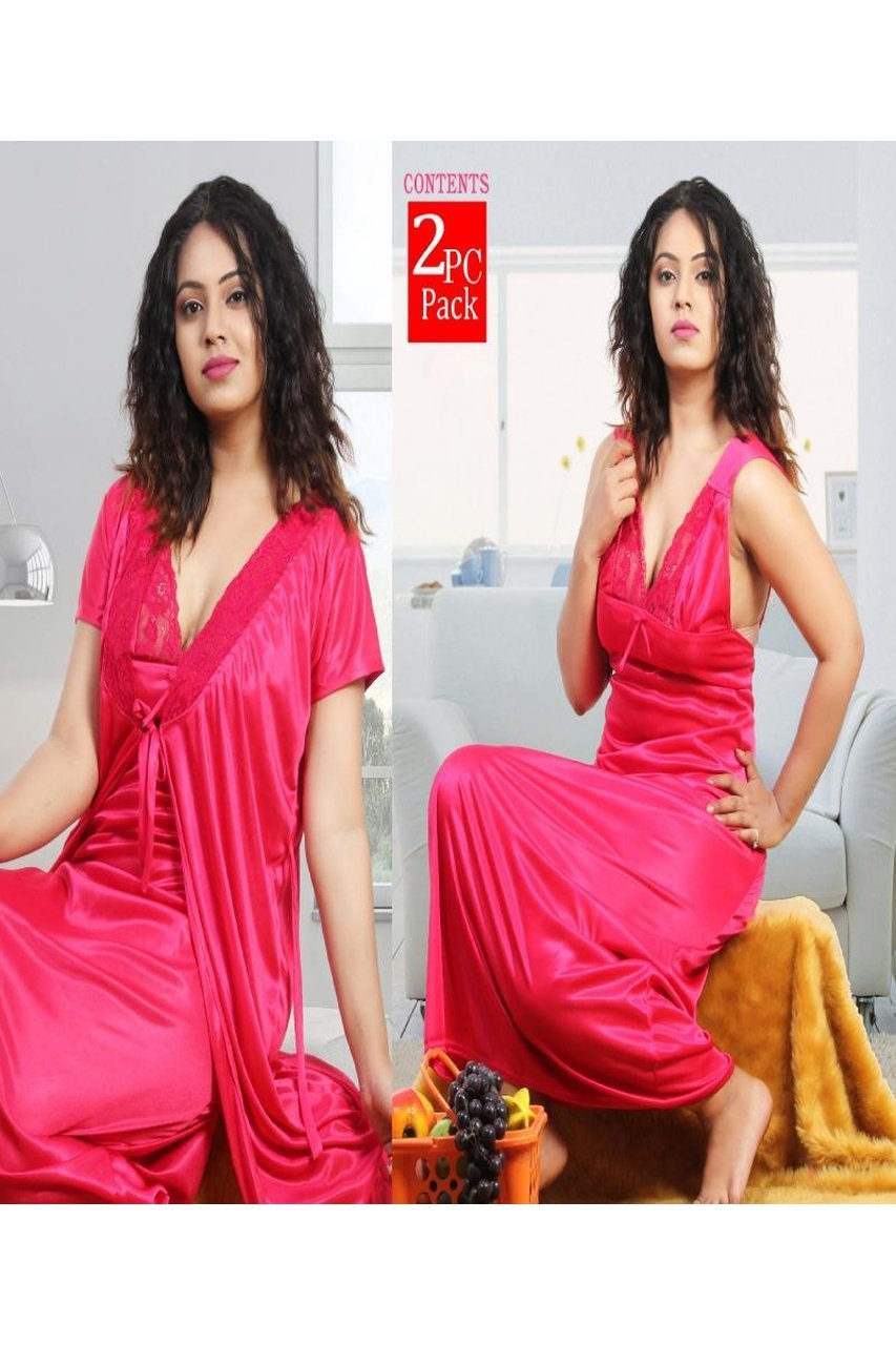 Satin Long Night Gown With Pink Robe for women - Stilento