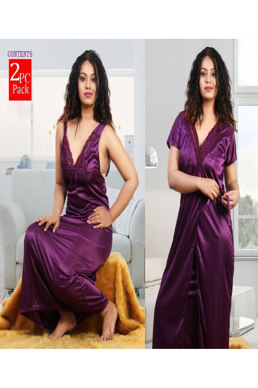 Satin Long Night Gown With Purple Robe for women