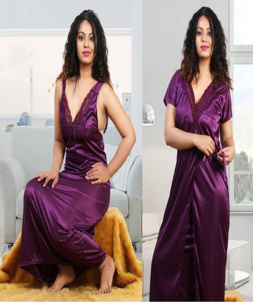 Satin Long Night Gown With Purple Robe for women - Stilento