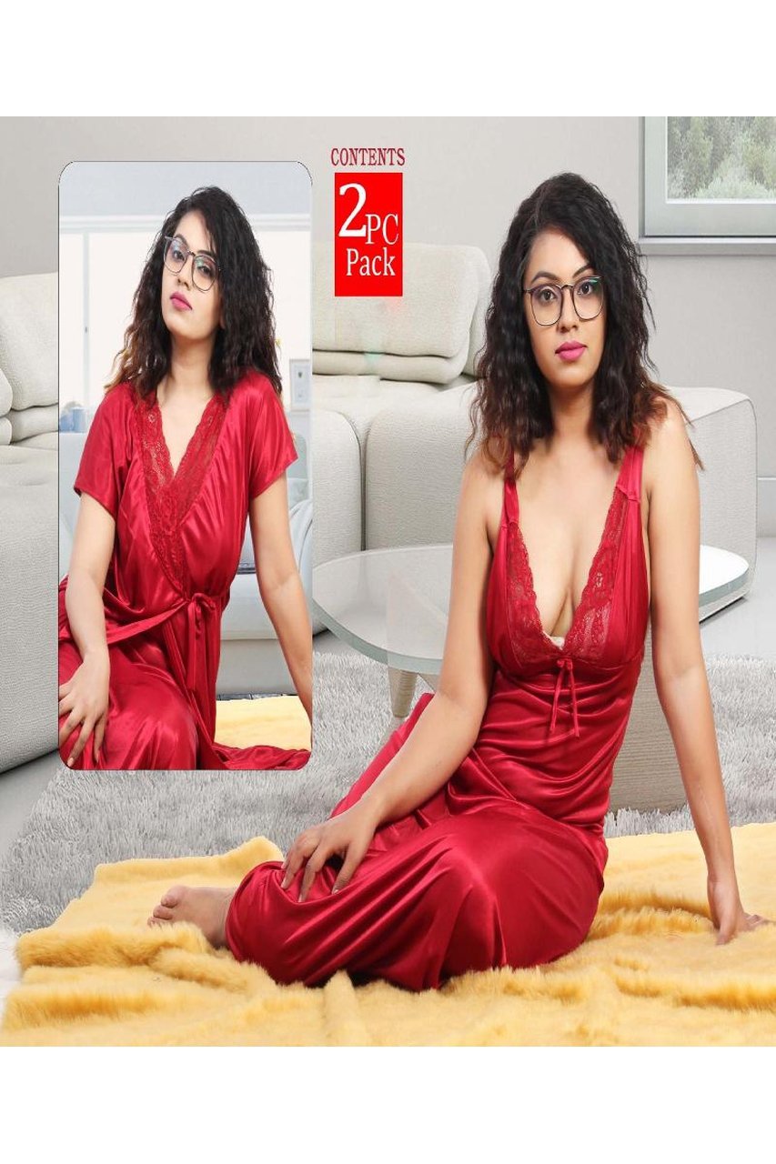 Satin Long Night Gown With Red Robe for women