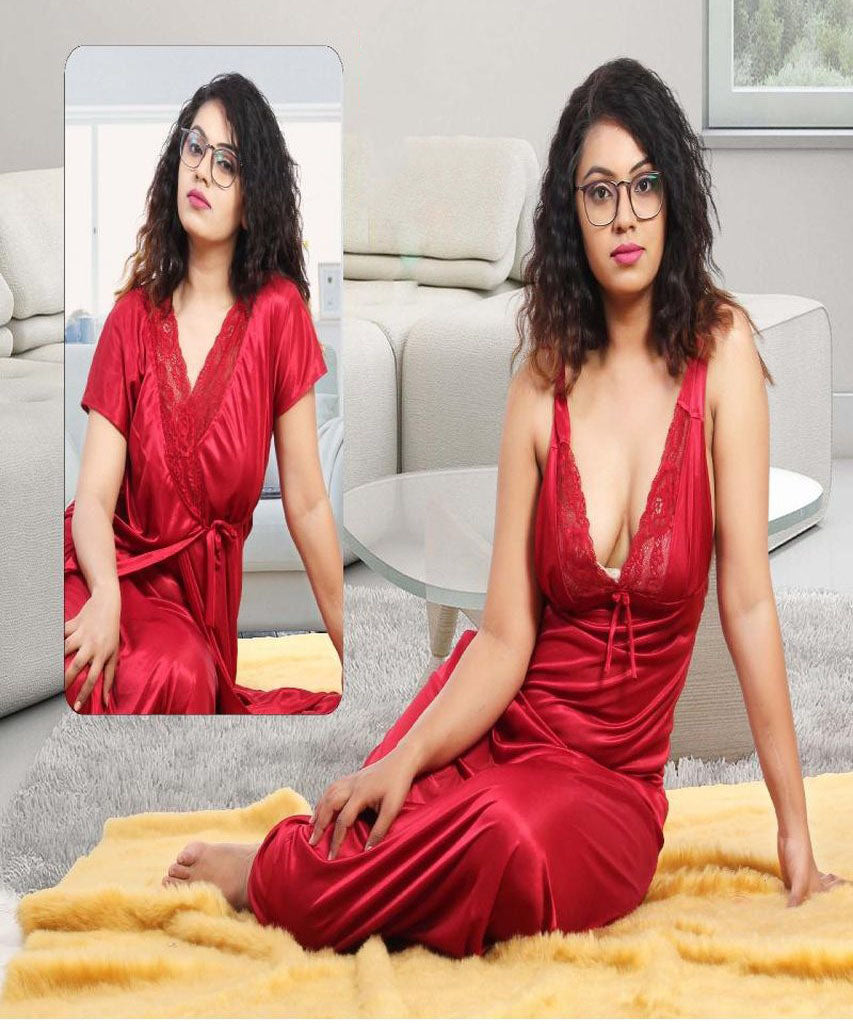 Satin Long Night Gown With Red Robe for women - Stilento