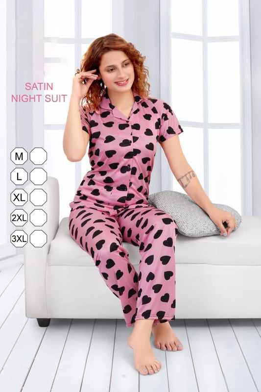 Satin Pink Night Suit Wear Set for Women - Stilento