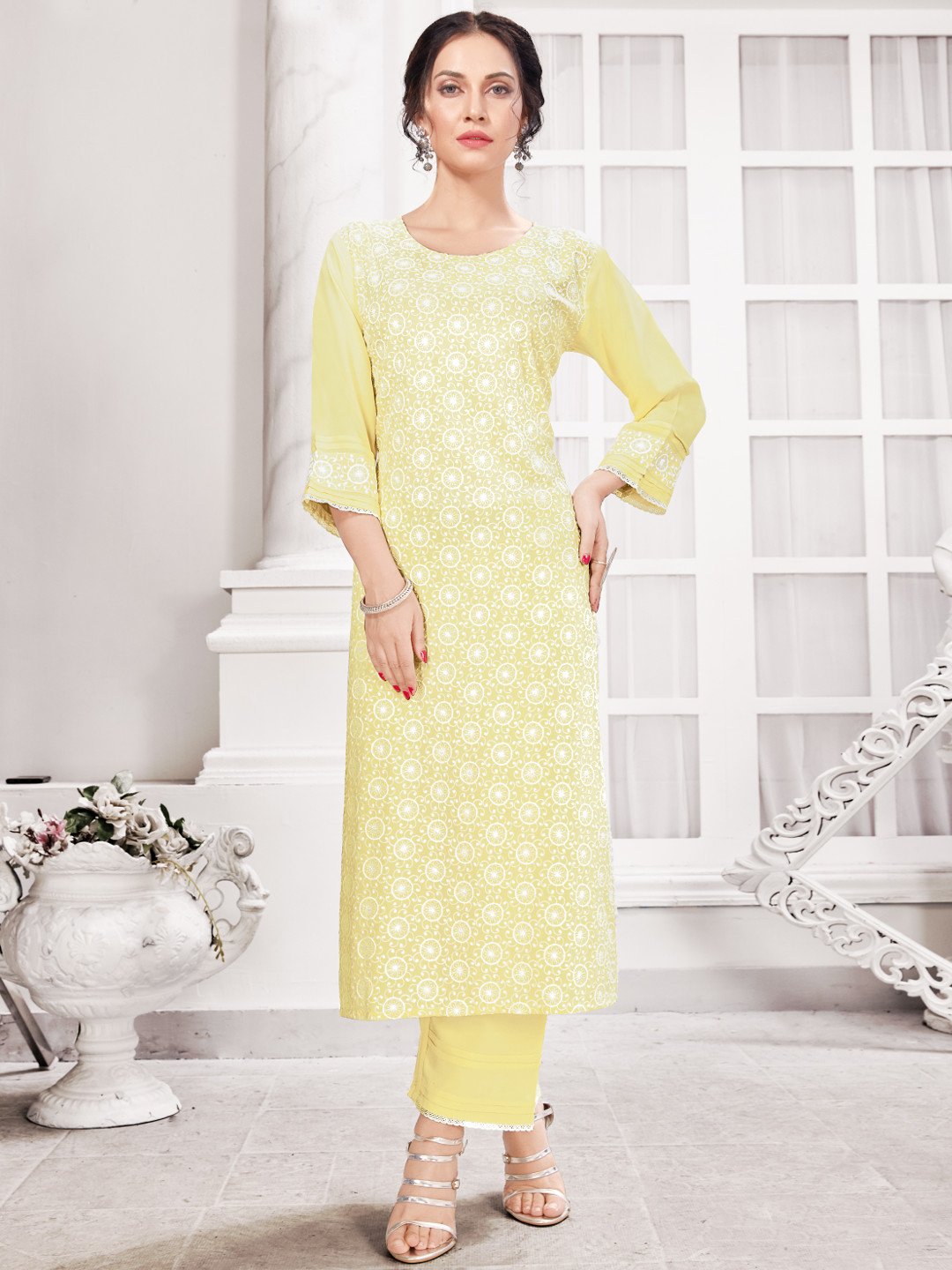 Schiffli Work Yellow Rayon Kurta with Pants