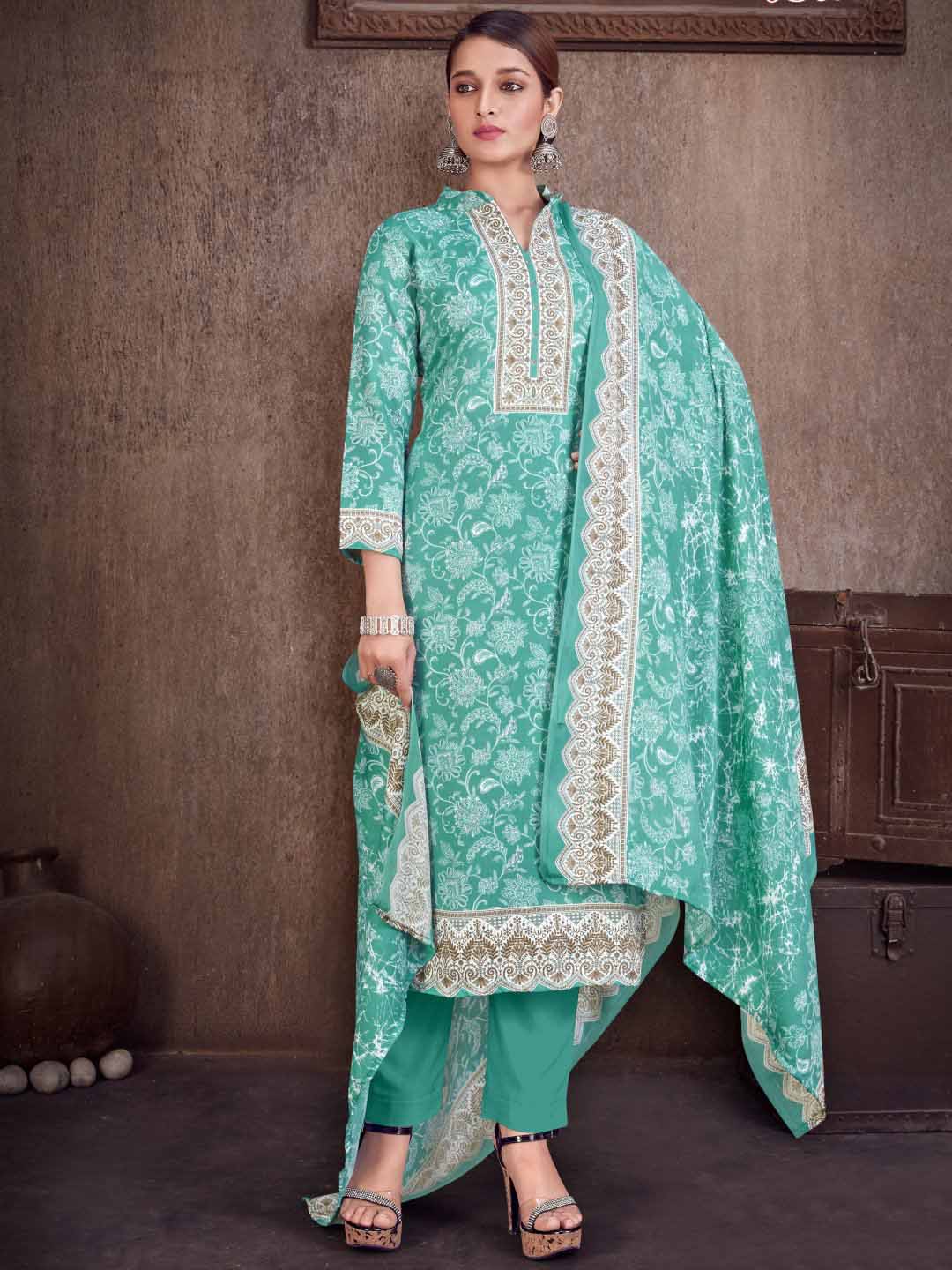 Sea Green Wool Pashmina Printed Unstitched Winter Suit - Stilento