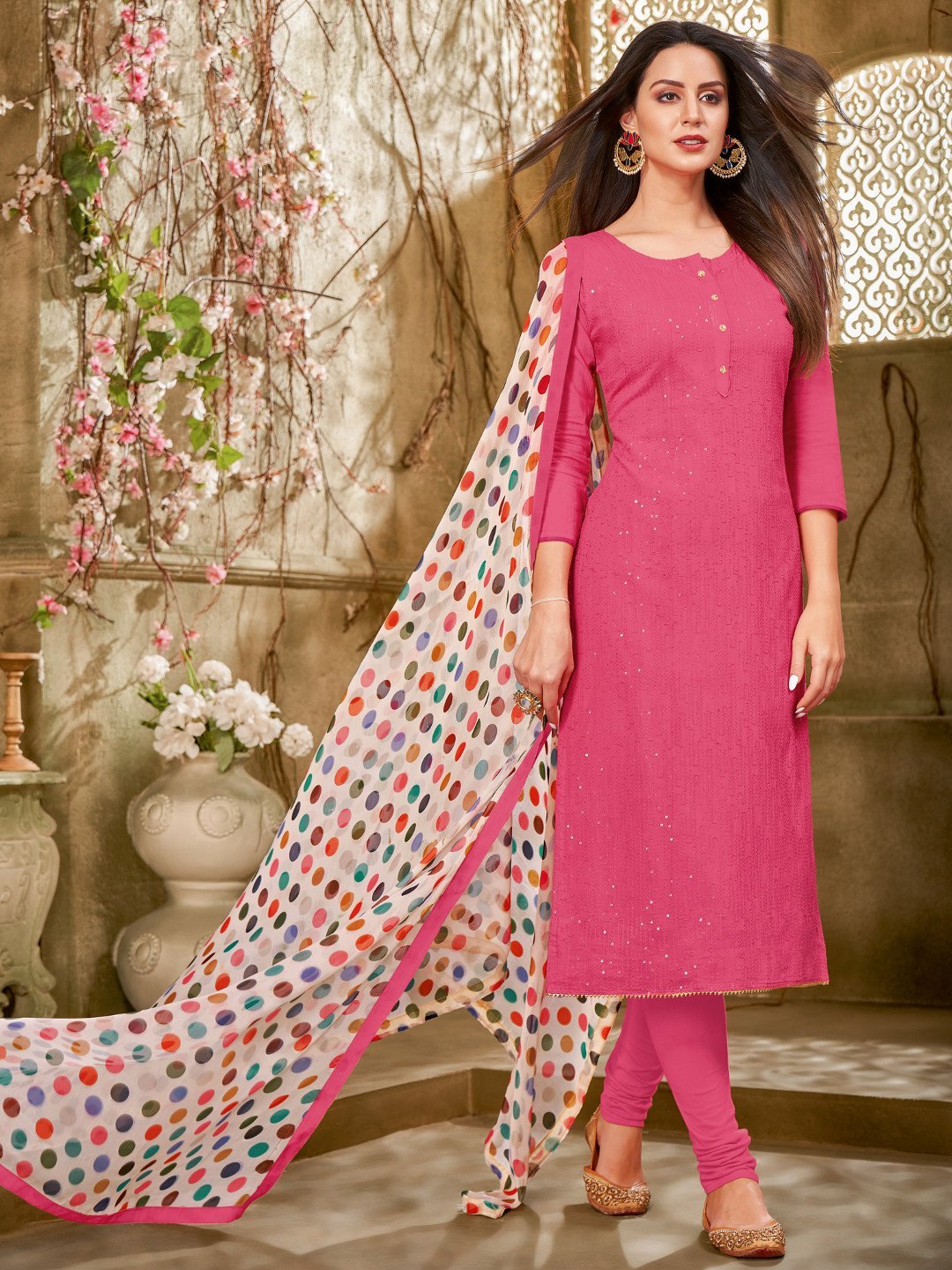 Sequins work Pink Cotton Un-Stitched Suit with Printed Dupatta - Stilento