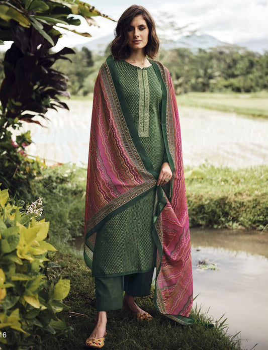 Pure Cotton Silk Unstitched Women Green Salwar Suit Dress Material