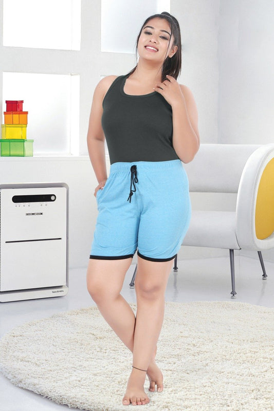 Sky Blue Cotton Night Wear Shorts for Women - Stilento