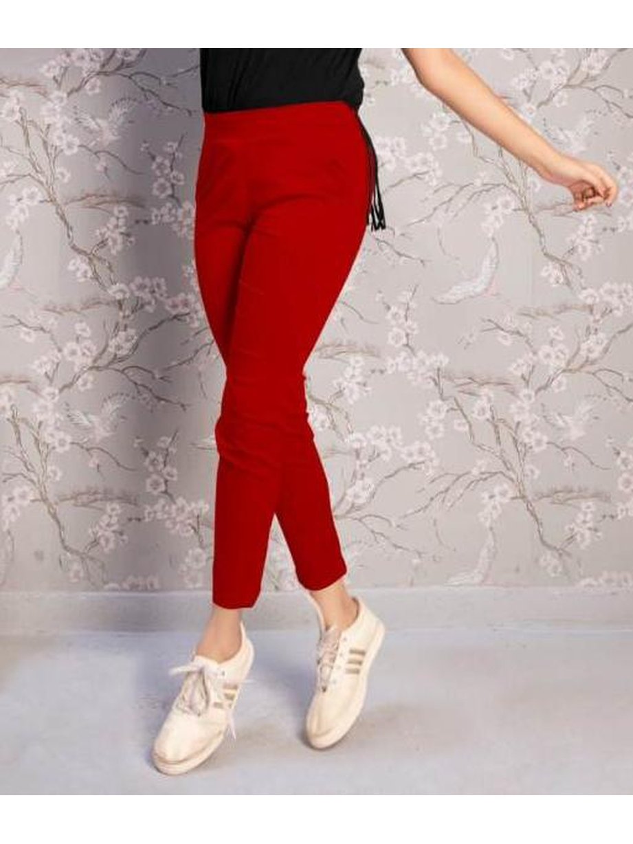 Soft Red Cotton Lycra Women Pants - Stilento