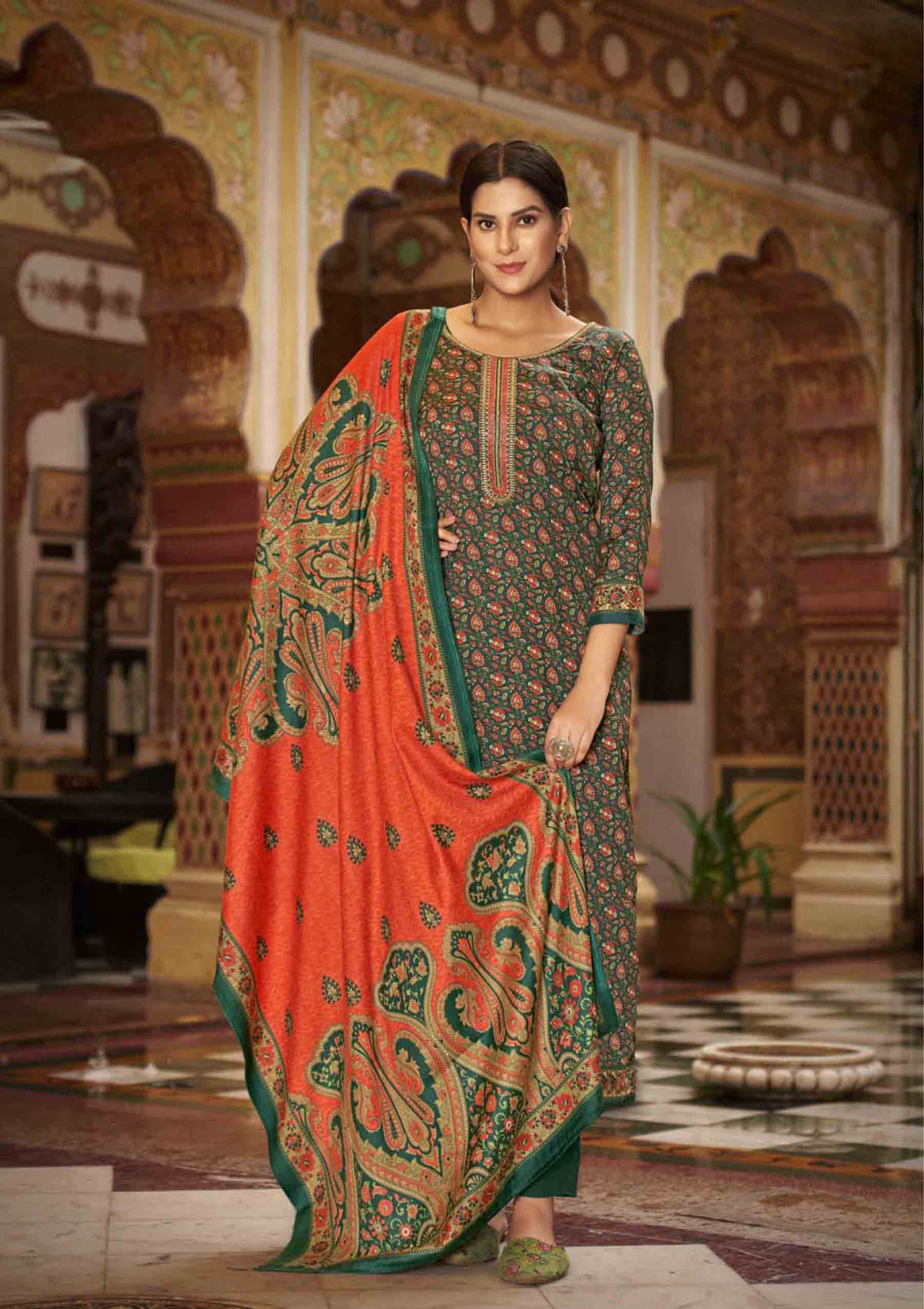Pashmina Spun Unstitched Dark Green Winter Salwar Suits - Stilento