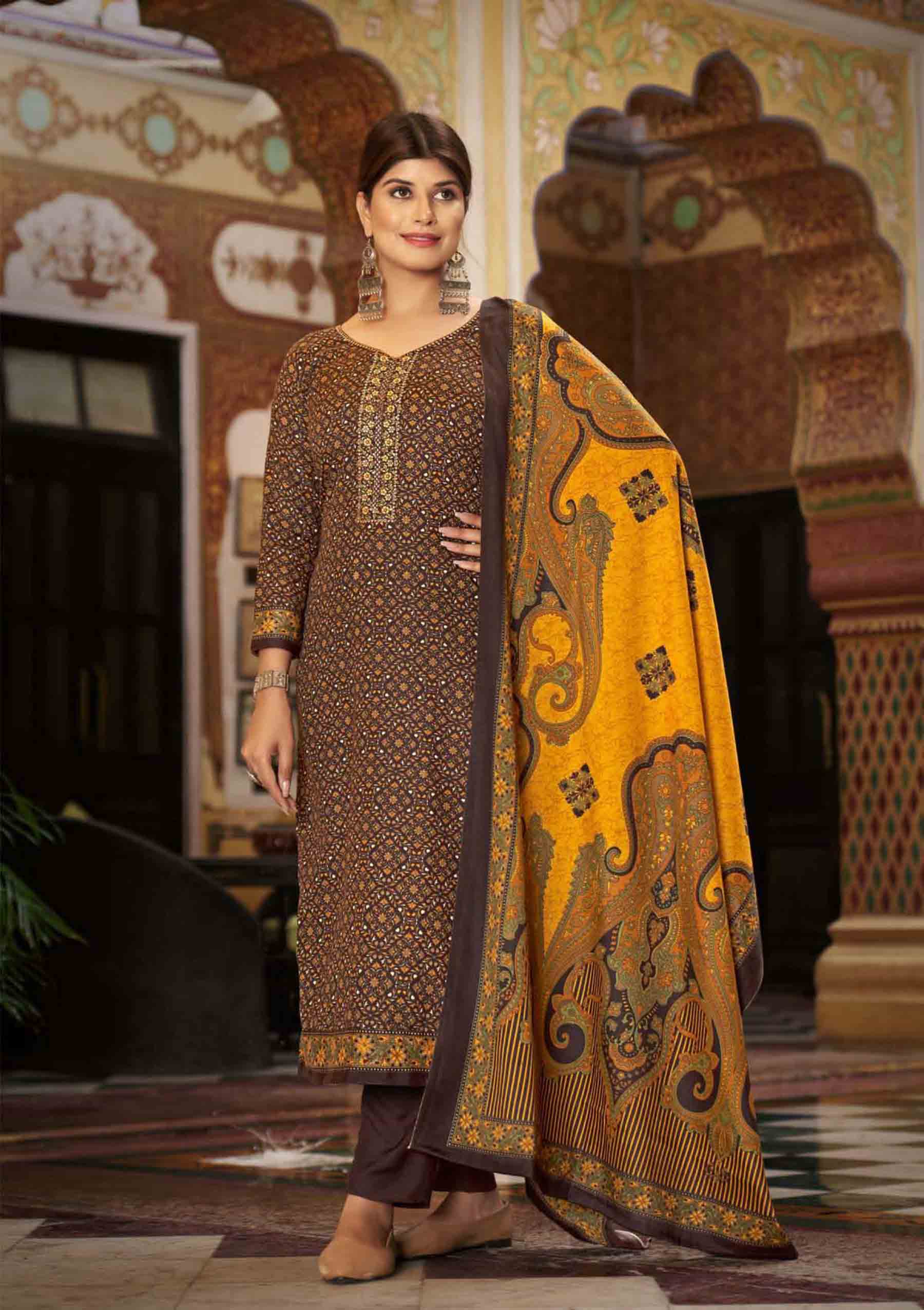Pashmina Spun Unstitched Coffee Brown Winter Salwar Suits - Stilento
