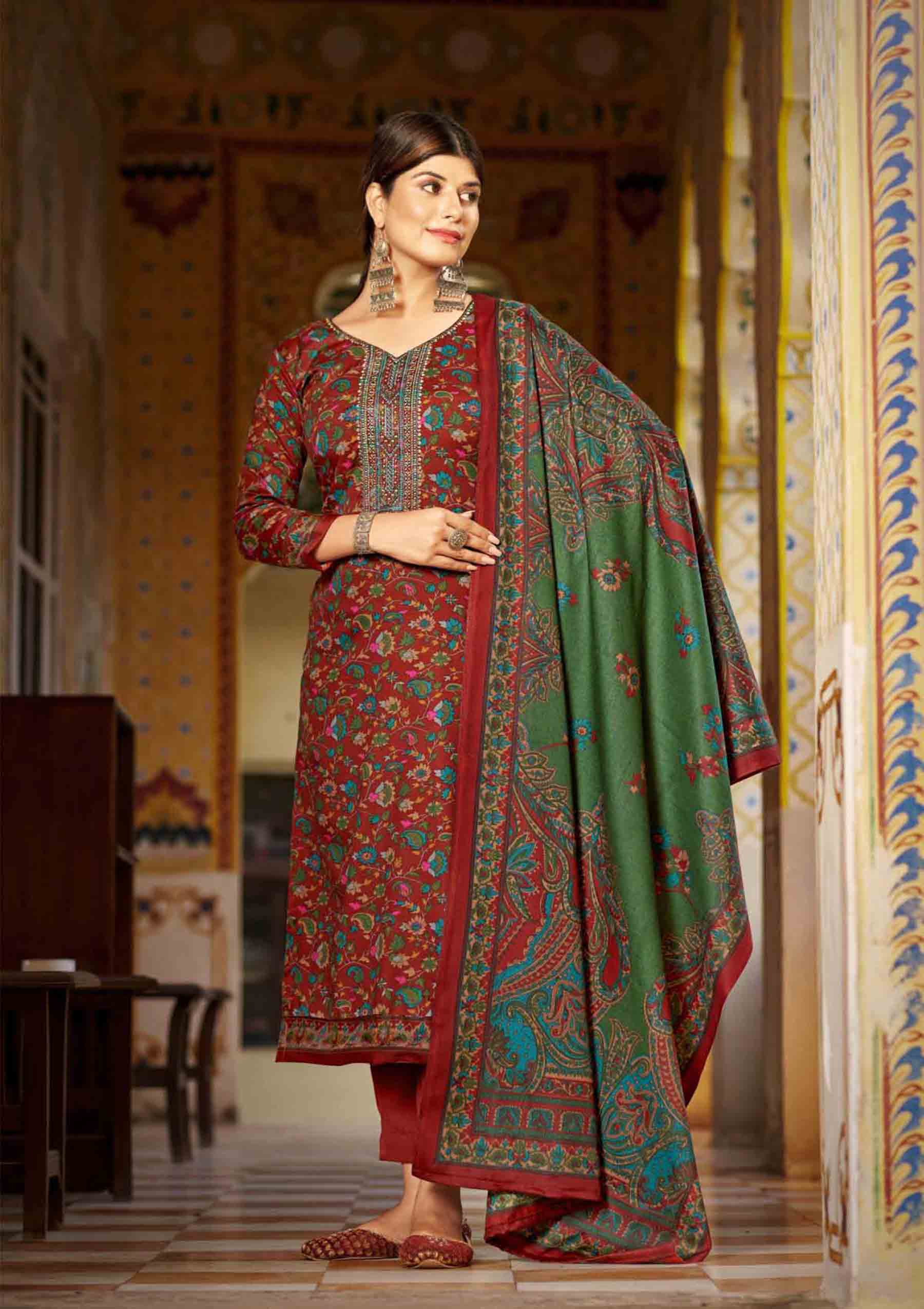 Pashmina Spun Unstitched Dark Red Winter Salwar Suits Set - Stilento