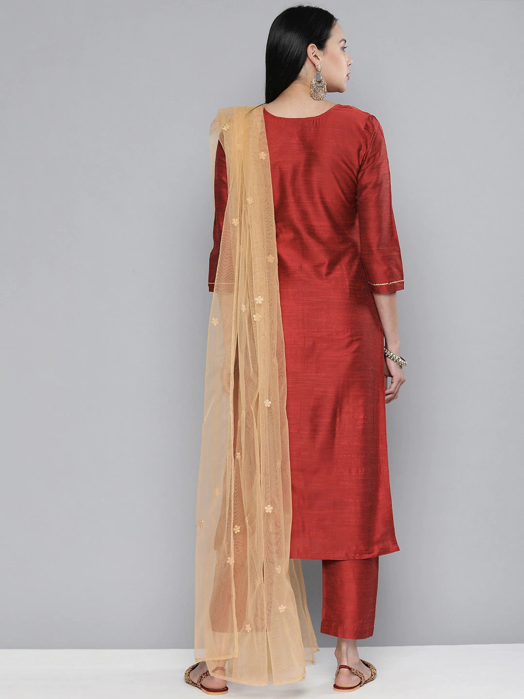South Cotton Red Kurta Set With Pants and Dupatta For Women