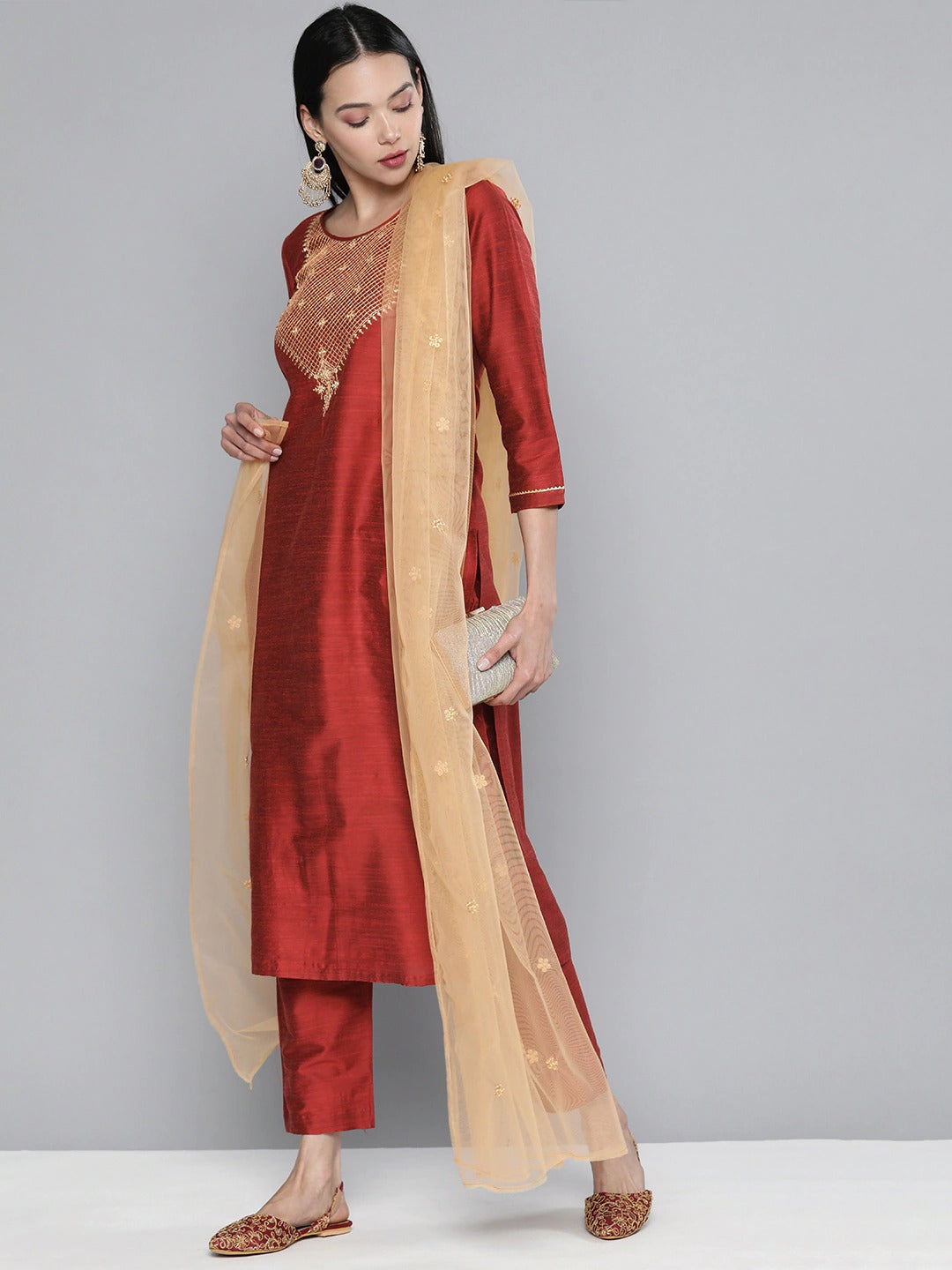 South Cotton Red Kurta Set With Pants and Dupatta For Women - Stilento