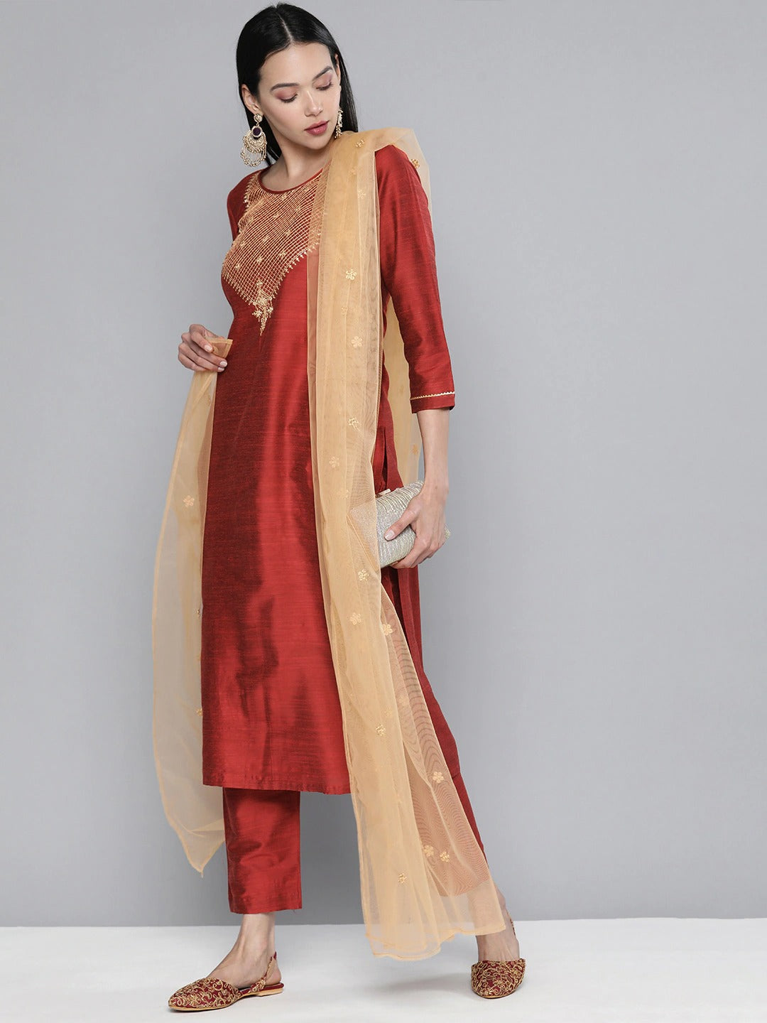 South Cotton Red Kurta Set With Pants and Dupatta For Women