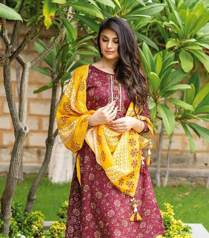 Stitched Readymade Dark Red Printed Cotton Suit Set
