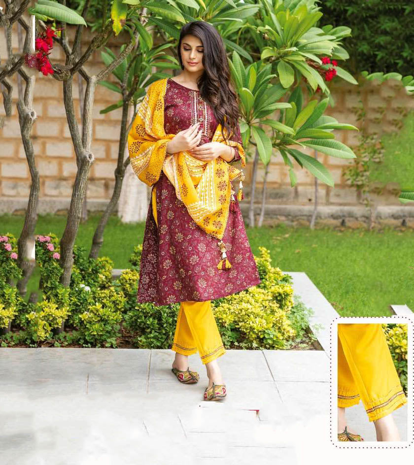 Stitched Readymade Dark Red Printed Cotton Suit Set