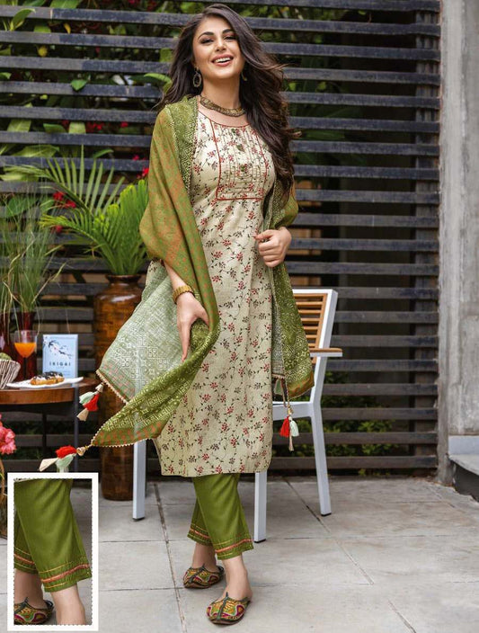 Stitched Readymade Green Printed Cotton Suit Set - Stilento