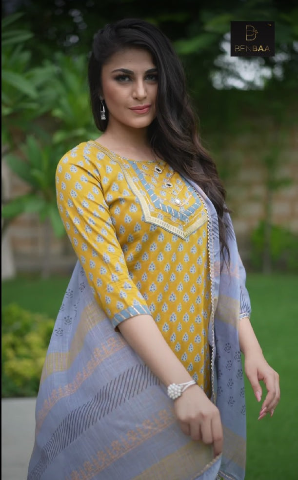 Stitched Readymade Printed Yellow Cotton Suit Set