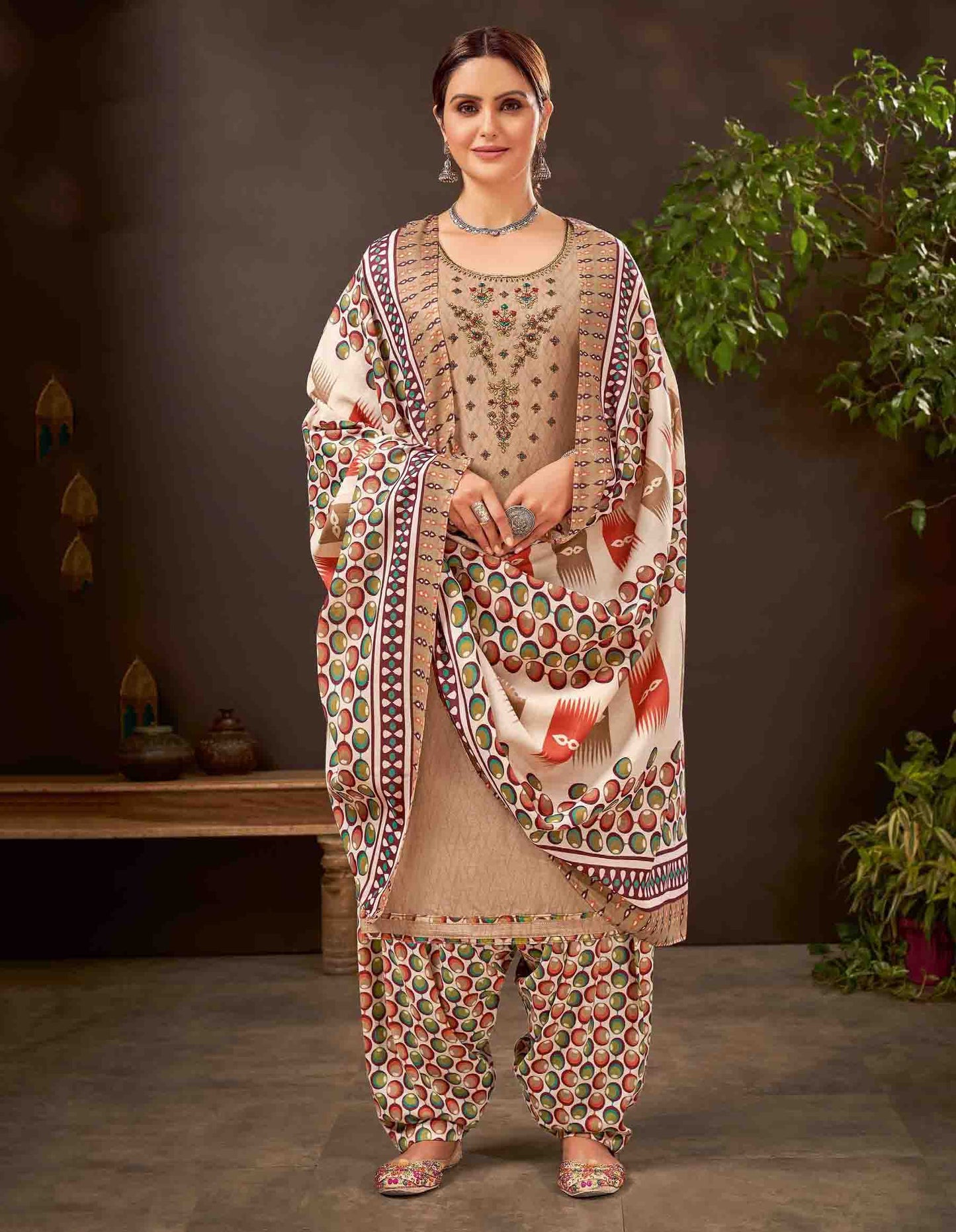 Unstitched Pure Cotton Women Beige Punjabi Suit Dress Material - Stilento
